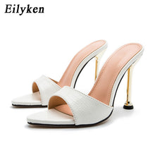 Load image into Gallery viewer, Eilyken Summer New Women Slippers Snake Print Mule High Heels Shoes Sandals Sexy Pointed Toe Metal Heel Slides Party Dress Shoes - nevaehshalo
