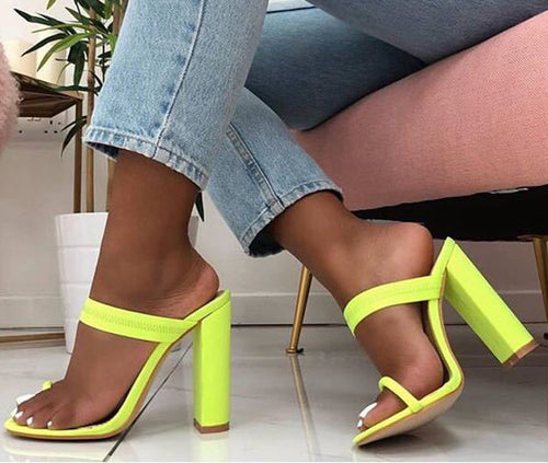 Eilyken Summer Slippers Sandals Flip Flop Square heel Stretch Fabric Hollow Women Shoes Sexy Slippers Pumps Fluorescent green - nevaehshalo