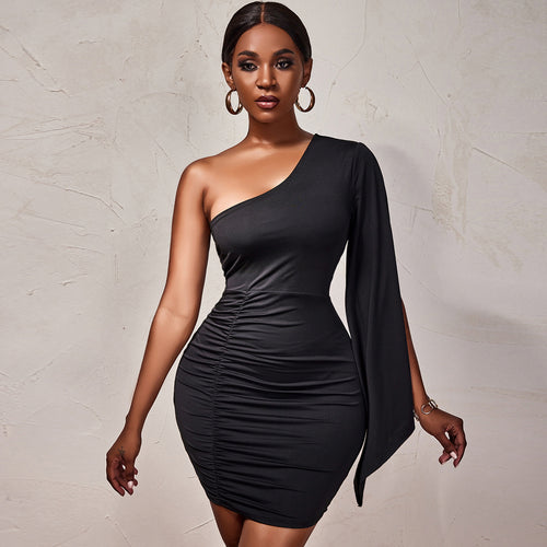 Sexy off shoulder asymmetric long-sleeve pleated dress - nevaehshalo