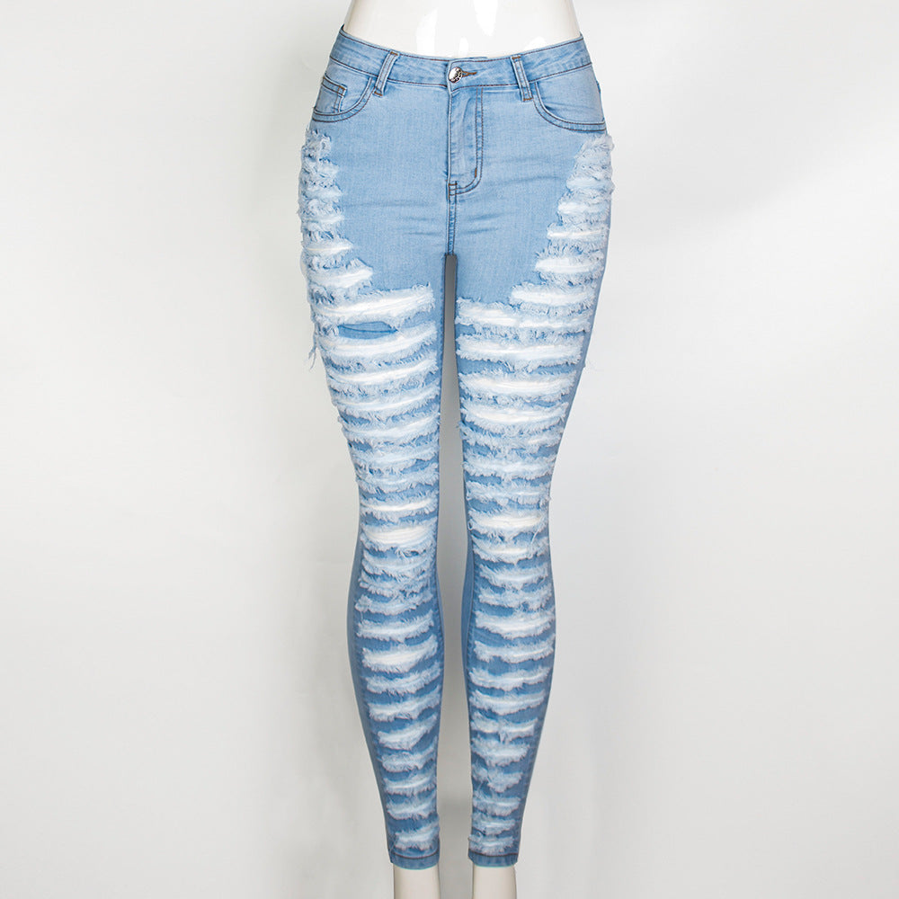 Sexy Personality Ripped Hole Washed Slim Stretch Denim  Pencil Pants