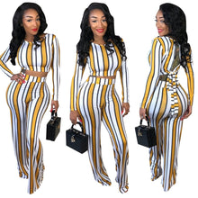 Load image into Gallery viewer, Sexy 2 two piece set top and pants autumn outfits tracksuit women long sleeve wide leg pants striped print - nevaehshalo
