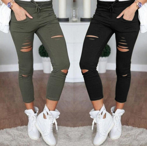 Skinny Jeans Women Denim Pants Holes Destroyed Knee Pencil Pants Casual Trousers Black White Stretch Ripped Jeans - nevaehshalo