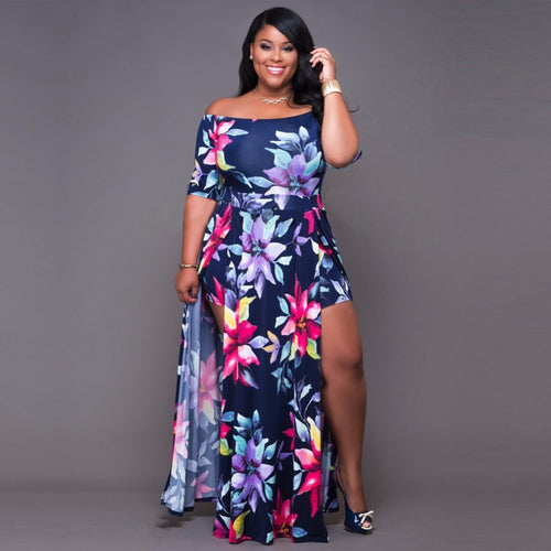Woman Sexy playsuit Off Shoulder Floral Party Short Sleeve  High Split  rompers jumpsuit - nevaehshalo