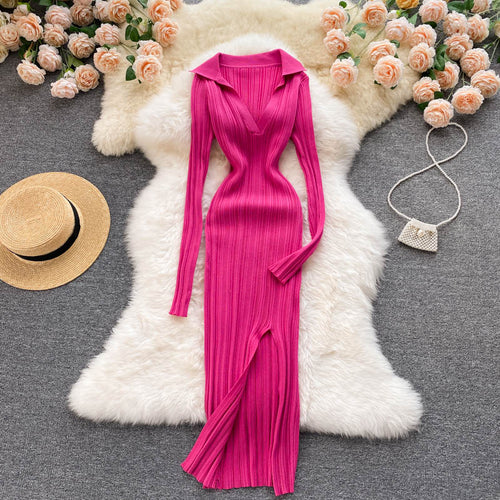 Women Korean Knitted Dress Long Sleeve V Neck Elastic Slim Pencil Dresses Autumn Sexy Bodycon Split Sweater Dress - nevaehshalo