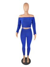 Load image into Gallery viewer, Two Piece Set Autumn Outfits Tracksuit Women Blue Ribbed Striped Slash Neck Short Tops Pencil  Pants - nevaehshalo
