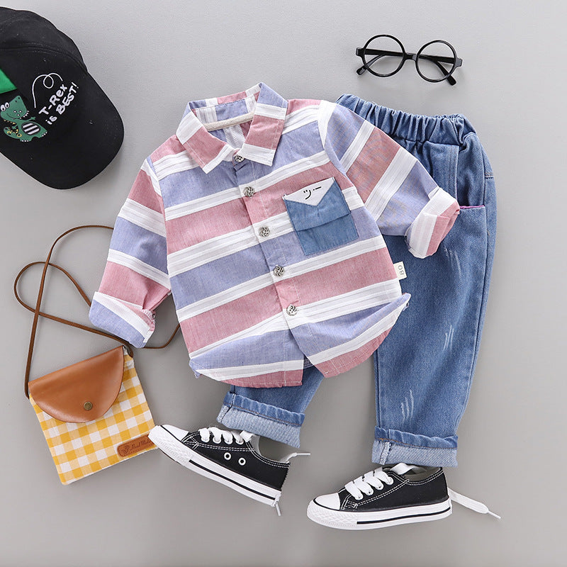 Fashion baby boys clothes spring striped shirt+jeans 2pcs set