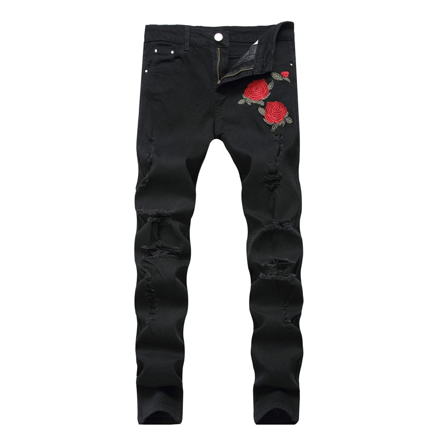 Embroidery Men with Flowers Rose  Denim Jeans Stretch Skinny