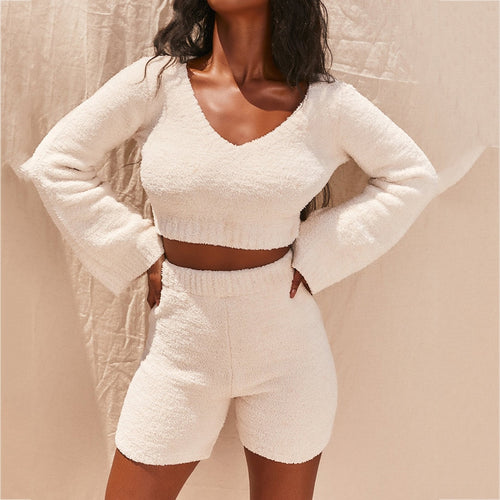 Casual  Flare Sleeve Sweatshirts 2 Piece Shorts Set Sexy - nevaehshalo