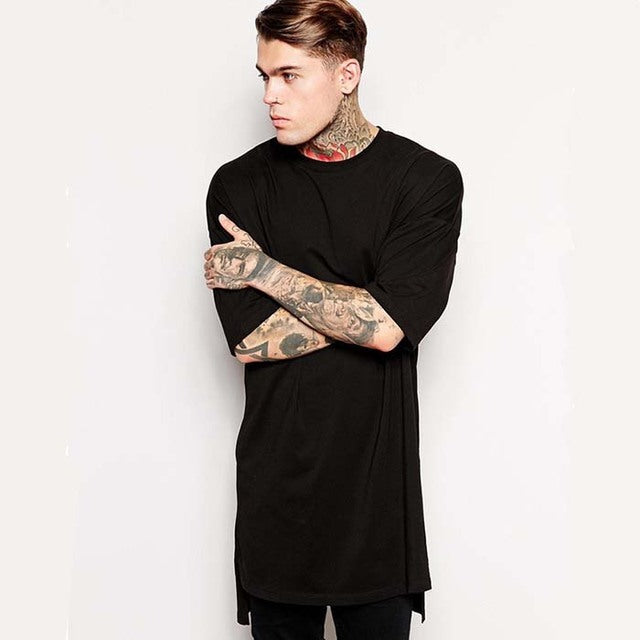 Hip Hop Style Clothing Mens Casual Long T Shirt Irregular Hem Extended Length Tees Side Split Solid Black Streetwear Tops Tee - nevaehshalo