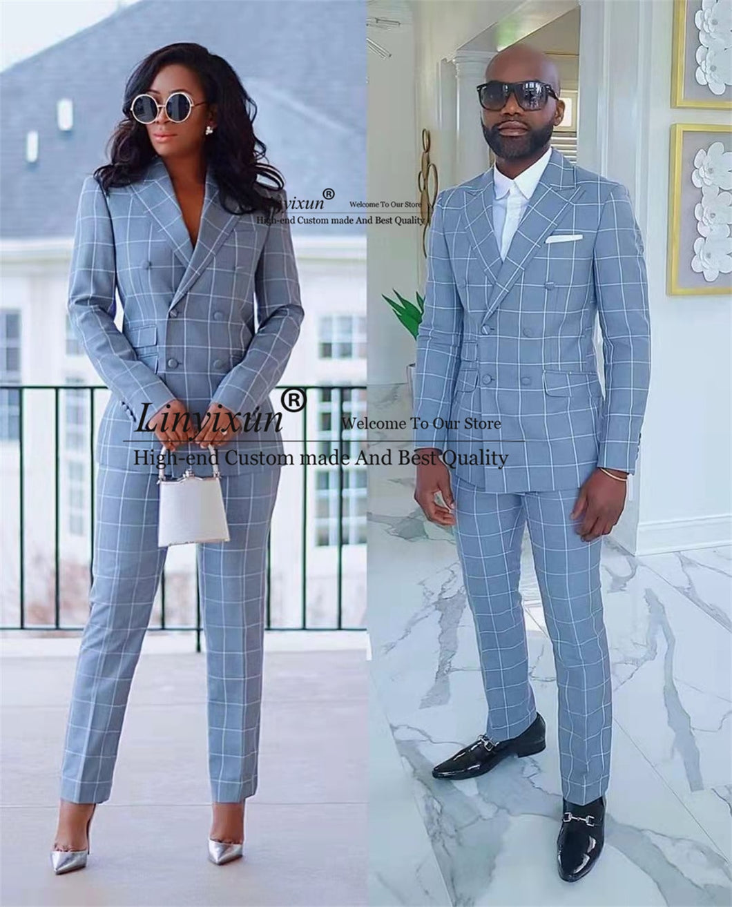 Classic Plaid Men & Women Suit Slim Fit Peak Lapel Blazer 2 Pieces Sets